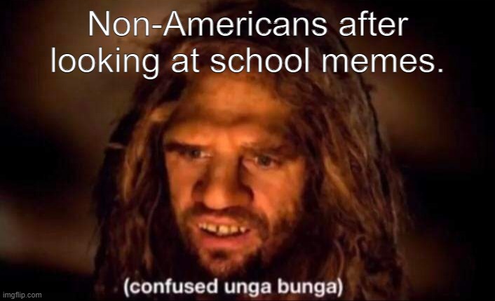 Confused Unga Bunga | Non-Americans after looking at school memes. | image tagged in confused unga bunga | made w/ Imgflip meme maker