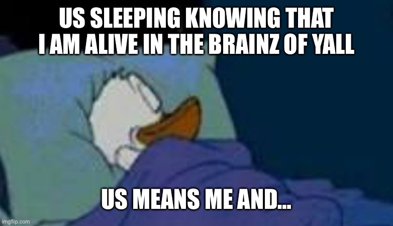 US SLEEPING KNOWING THAT I AM ALIVE IN THE BRAINZ OF YALL; US MEANS ME AND… | made w/ Imgflip meme maker