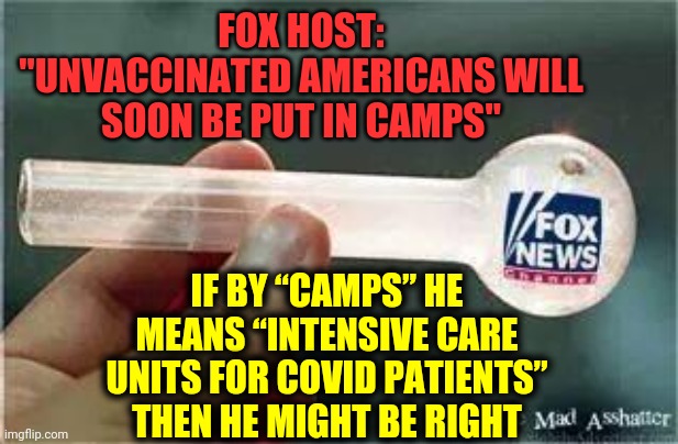 There Are Some, Not Many Mind You, That Believe Fox Tabloid Tv Is Actual "News" Even Though They're Classified As ENTERTAINMENT | FOX HOST: "UNVACCINATED AMERICANS WILL SOON BE PUT IN CAMPS"; IF BY “CAMPS” HE MEANS “INTENSIVE CARE UNITS FOR COVID PATIENTS” THEN HE MIGHT BE RIGHT | image tagged in fox news,lying,liars,lie,memes,media lies | made w/ Imgflip meme maker