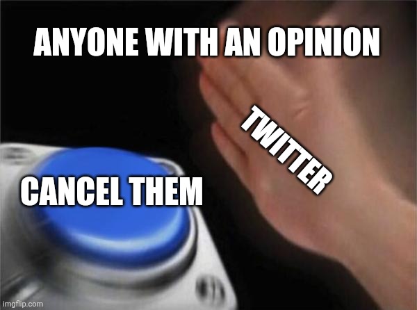 Twitter be like... |  ANYONE WITH AN OPINION; TWITTER; CANCEL THEM | image tagged in memes,blank nut button,twitter,funny | made w/ Imgflip meme maker