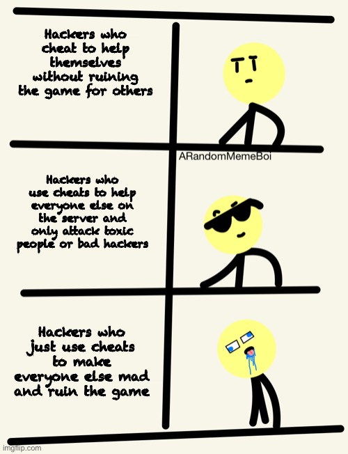 Level 1 to level 10, then down to level -100 | Hackers who cheat to help themselves without ruining the game for others; Hackers who use cheats to help everyone else on the server and only attack toxic people or bad hackers; Hackers who just use cheats to make everyone else mad and ruin the game | image tagged in level 1 to level 10 then down to level -100 | made w/ Imgflip meme maker