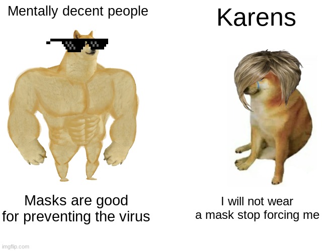 Buff Doge vs. Cheems | Mentally decent people; Karens; Masks are good for preventing the virus; I will not wear a mask stop forcing me | image tagged in memes,buff doge vs cheems | made w/ Imgflip meme maker