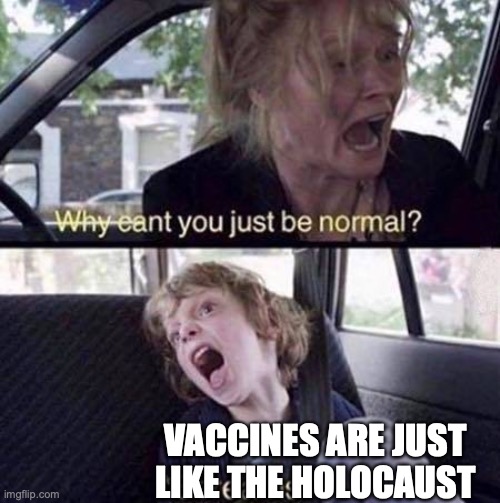 Why Can't You Just Be Normal | VACCINES ARE JUST LIKE THE HOLOCAUST | image tagged in why can't you just be normal | made w/ Imgflip meme maker