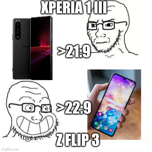 So True Wojak | XPERIA 1 III; >21:9; >22:9; Z FLIP 3 | image tagged in so true wojak,SonyXperia | made w/ Imgflip meme maker