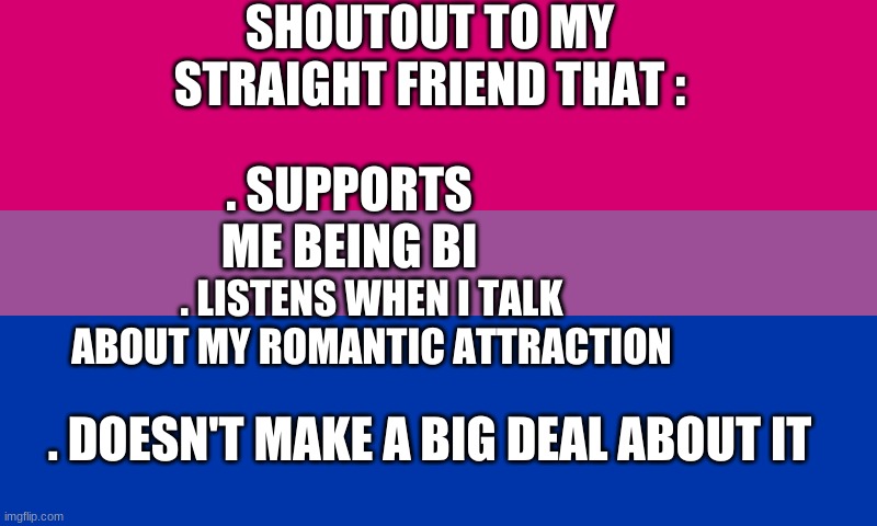 I just think our straight friends deserve a shoutout | SHOUTOUT TO MY STRAIGHT FRIEND THAT :; . SUPPORTS ME BEING BI; . LISTENS WHEN I TALK ABOUT MY ROMANTIC ATTRACTION; . DOESN'T MAKE A BIG DEAL ABOUT IT | image tagged in bi flag | made w/ Imgflip meme maker