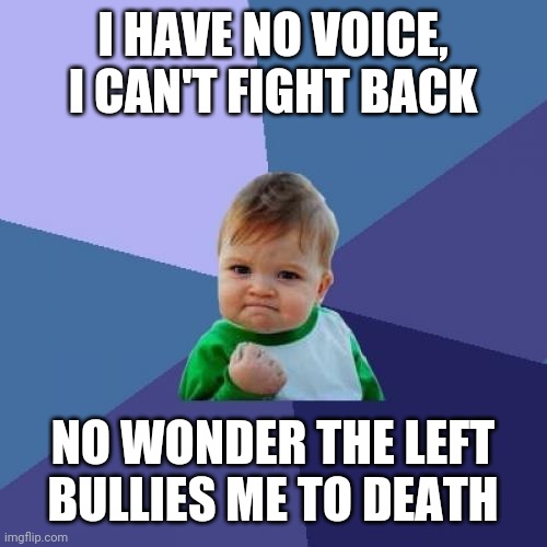 Success Kid Meme | I HAVE NO VOICE, I CAN'T FIGHT BACK; NO WONDER THE LEFT BULLIES ME TO DEATH | image tagged in memes,success kid | made w/ Imgflip meme maker