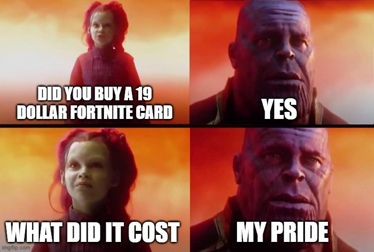 thanos what did it cost | DID YOU BUY A 19 DOLLAR FORTNITE CARD; YES; WHAT DID IT COST; MY PRIDE | image tagged in thanos what did it cost | made w/ Imgflip meme maker