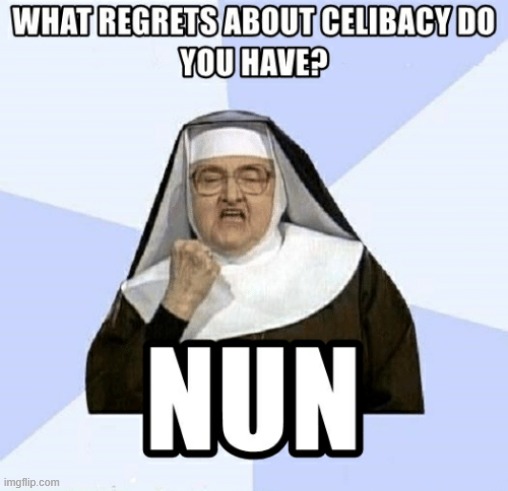 "Hearing nuns' confessions is like being stoned to death with popcorn." —Bishop Fulton J Sheen | image tagged in vince vance,nuns,none,celibacy,memes,regrets | made w/ Imgflip meme maker