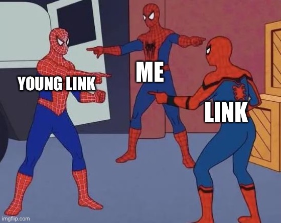 I’m not wrong |  ME; YOUNG LINK; LINK | image tagged in 3 spiderman pointing,the legend of zelda,identical | made w/ Imgflip meme maker
