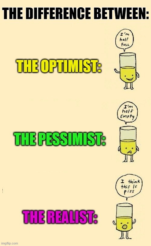 Optimist, Pessimist or Realist? | image tagged in vince vance,optimist,pessimist,memes,realist,comparisons | made w/ Imgflip meme maker