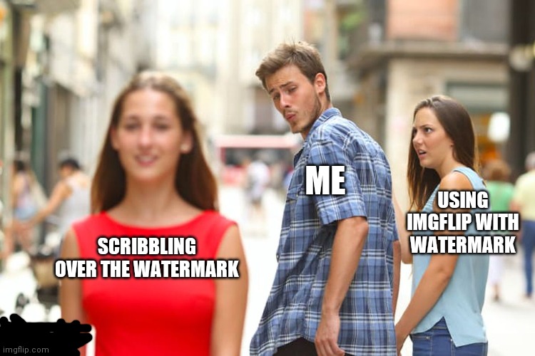 Distracted Boyfriend | ME; USING IMGFLIP WITH WATERMARK; SCRIBBLING OVER THE WATERMARK | image tagged in memes,distracted boyfriend | made w/ Imgflip meme maker