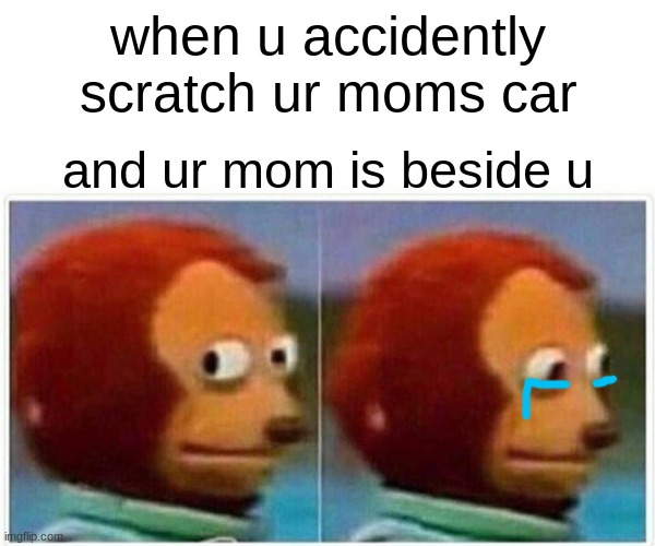 Monkey Puppet | when u accidently scratch ur moms car; and ur mom is beside u | image tagged in memes,monkey puppet | made w/ Imgflip meme maker