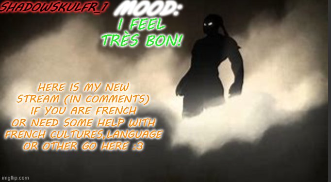 :3 | I FEEL TRÈS BON! HERE IS MY NEW STREAM (IN COMMENTS) IF YOU ARE FRENCH OR NEED SOME HELP WITH FRENCH CULTURES,LANGUAGE OR OTHER GO HERE :3 | image tagged in shadowskulfr_1 template | made w/ Imgflip meme maker