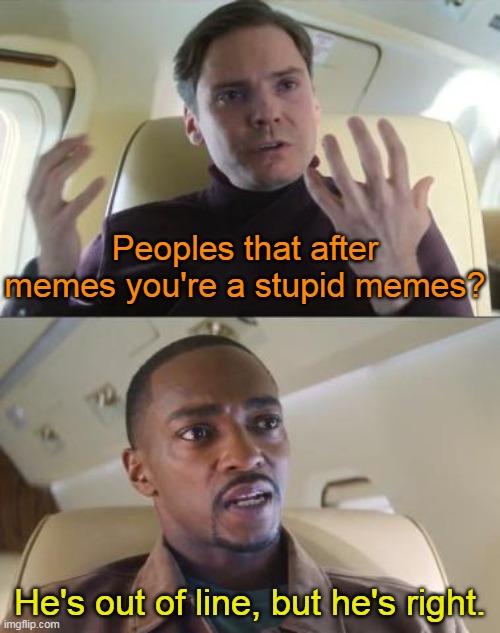 Stupid memes | Peoples that after memes you're a stupid memes? He's out of line, but he's right. | image tagged in out of line but he's right | made w/ Imgflip meme maker