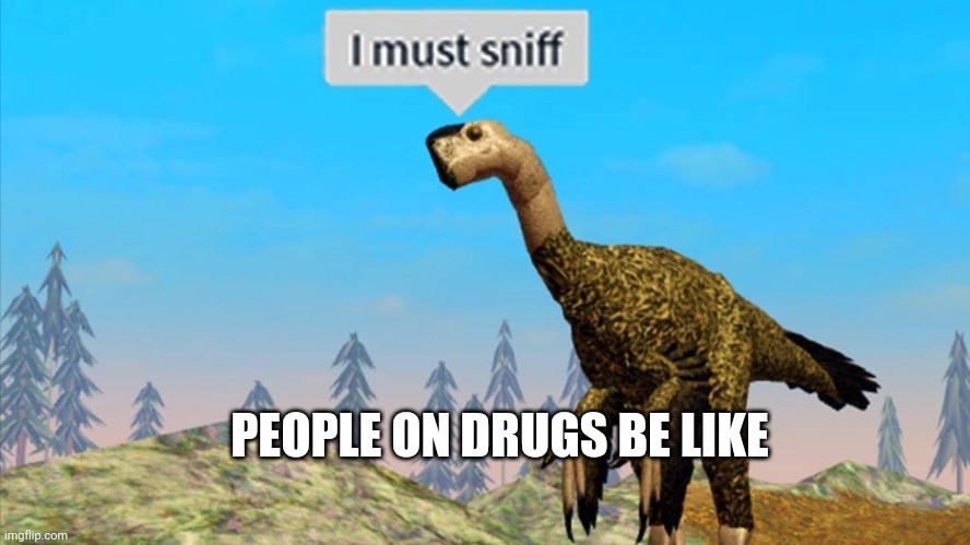 Sniff | PEOPLE ON DRUGS BE LIKE | image tagged in sniff,drugs,dinosaurs | made w/ Imgflip meme maker