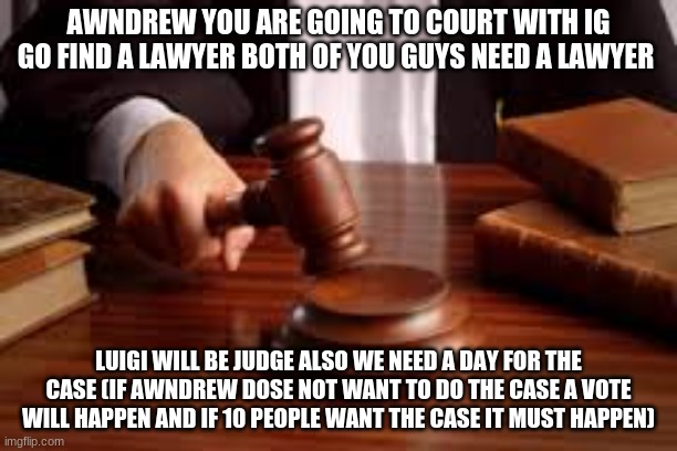 ITS TIME | AWNDREW YOU ARE GOING TO COURT WITH IG GO FIND A LAWYER BOTH OF YOU GUYS NEED A LAWYER; LUIGI WILL BE JUDGE ALSO WE NEED A DAY FOR THE CASE (IF AWNDREW DOSE NOT WANT TO DO THE CASE A VOTE WILL HAPPEN AND IF 10 PEOPLE WANT THE CASE IT MUST HAPPEN) | image tagged in court room | made w/ Imgflip meme maker