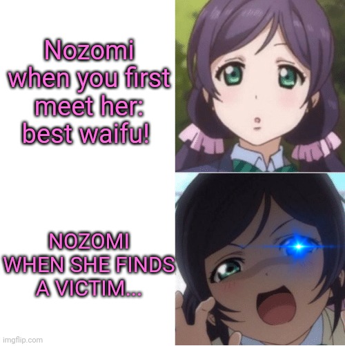 Nozomi Tojo: best waifu or best stalker? Cross her to find out! Lol | Nozomi when you first meet her: best waifu! NOZOMI WHEN SHE FINDS A VICTIM... | image tagged in this is joke,nozomi tojo,is best,waifu,love live,anime girl | made w/ Imgflip meme maker