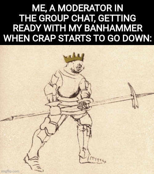 I don't actually do that, but I got banhammered recently and I thought of this meme (don't worry I was put back in the chat) | ME, A MODERATOR IN THE GROUP CHAT, GETTING READY WITH MY BANHAMMER WHEN CRAP STARTS TO GO DOWN: | image tagged in hema,pollaxe,group chats,moderators | made w/ Imgflip meme maker