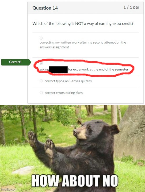 I wouldn't do this even if it actually meant getting extra credit. lol | image tagged in memes,how about no bear,extra,credit,homework,quiz | made w/ Imgflip meme maker