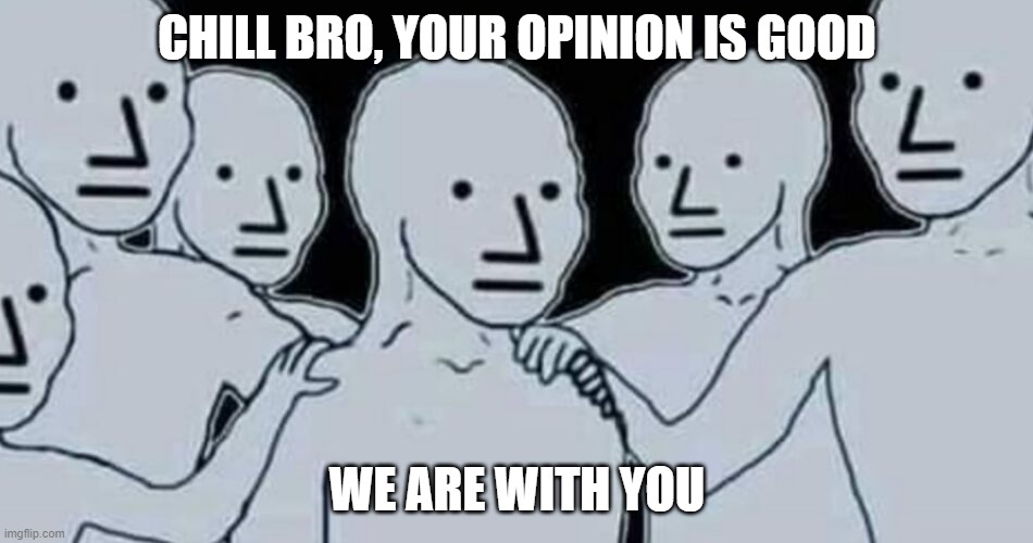 :D | CHILL BRO, YOUR OPINION IS GOOD; WE ARE WITH YOU | image tagged in chill bro we are with you,fun,funny meme,memes,meme,chill | made w/ Imgflip meme maker