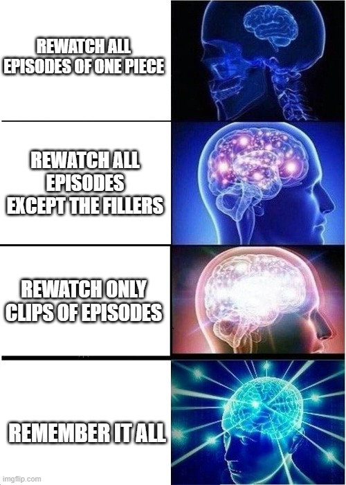 Rewatch One Piece | REWATCH ALL EPISODES OF ONE PIECE; REWATCH ALL EPISODES EXCEPT THE FILLERS; REWATCH ONLY CLIPS OF EPISODES; REMEMBER IT ALL | image tagged in memes,expanding brain | made w/ Imgflip meme maker
