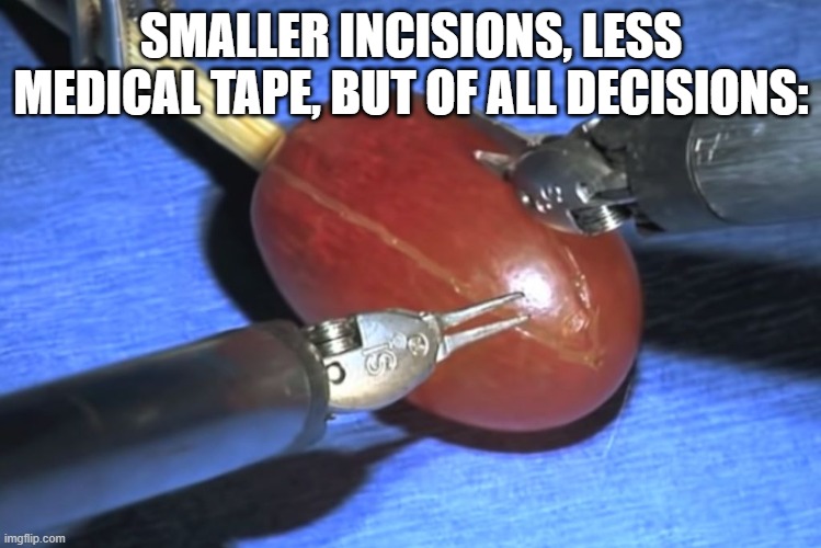 but of all the decisions | SMALLER INCISIONS, LESS MEDICAL TAPE, BUT OF ALL DECISIONS: | image tagged in they did surgery on a grape | made w/ Imgflip meme maker