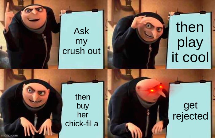 Does this relate | Ask my crush out; then play it cool; then buy her chick-fil a; get rejected | image tagged in memes,gru's plan | made w/ Imgflip meme maker