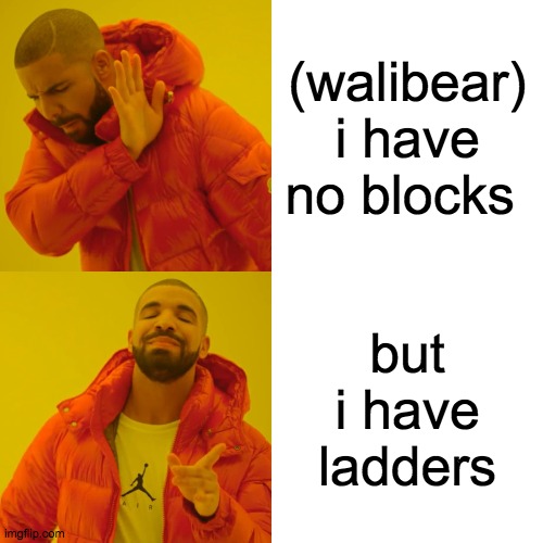 Drake Hotline Bling Meme | (walibear)
i have no blocks; but i have ladders | image tagged in memes,drake hotline bling | made w/ Imgflip meme maker