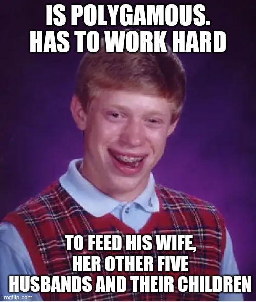 Bad Luck Brian | IS POLYGAMOUS. HAS TO WORK HARD; TO FEED HIS WIFE, HER OTHER FIVE HUSBANDS AND THEIR CHILDREN | image tagged in memes,bad luck brian | made w/ Imgflip meme maker
