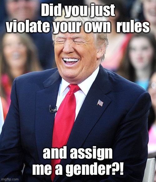 trump laughing | Did you just violate your own  rules and assign me a gender?! | image tagged in trump laughing | made w/ Imgflip meme maker