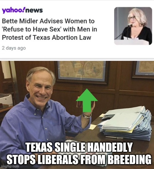 THANK YOU GREG ABBOTT |  TEXAS SINGLE HANDEDLY STOPS LIBERALS FROM BREEDING | image tagged in greg abbott,texas,abortion,bette midler,protest,liberals | made w/ Imgflip meme maker