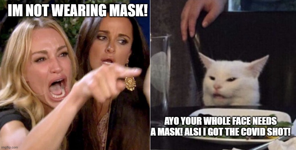 karen getting roasted by cat | IM NOT WEARING MASK! AYO YOUR WHOLE FACE NEEDS A MASK! ALSI I GOT THE COVID SHOT! | image tagged in karens,memes | made w/ Imgflip meme maker