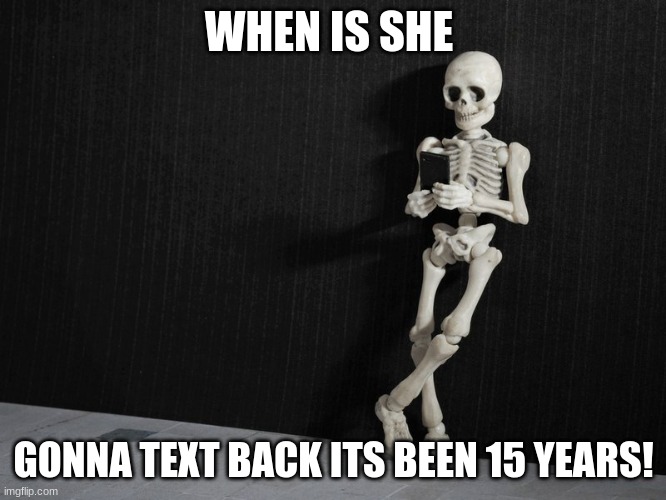 skeleton waiting for text message | WHEN IS SHE; GONNA TEXT BACK ITS BEEN 15 YEARS! | image tagged in skeleton waiting for text message | made w/ Imgflip meme maker