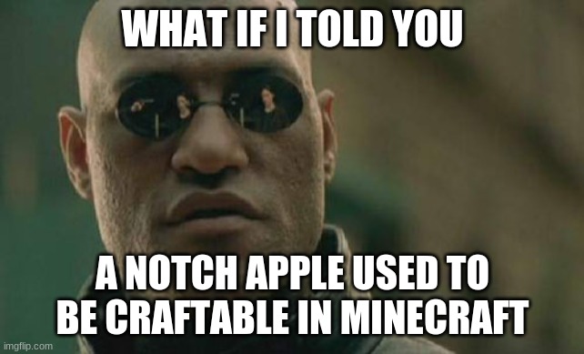 Matrix Morpheus Meme | WHAT IF I TOLD YOU; A NOTCH APPLE USED TO BE CRAFTABLE IN MINECRAFT | image tagged in memes,matrix morpheus | made w/ Imgflip meme maker