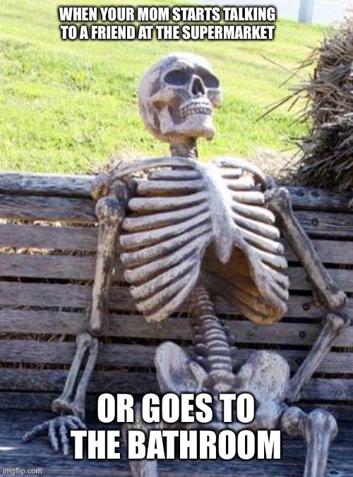 Waiting Skeleton | WHEN YOUR MOM STARTS TALKING TO A FRIEND AT THE SUPERMARKET; OR GOES TO THE BATHROOM | image tagged in memes,waiting skeleton | made w/ Imgflip meme maker