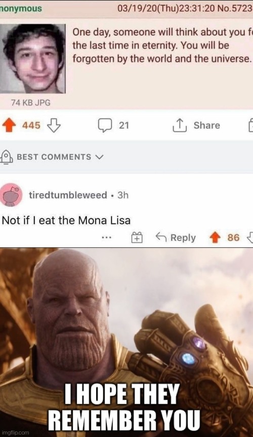 Mona Lisa. . . .???? | image tagged in i hope they remember you thanos,memes,funny | made w/ Imgflip meme maker