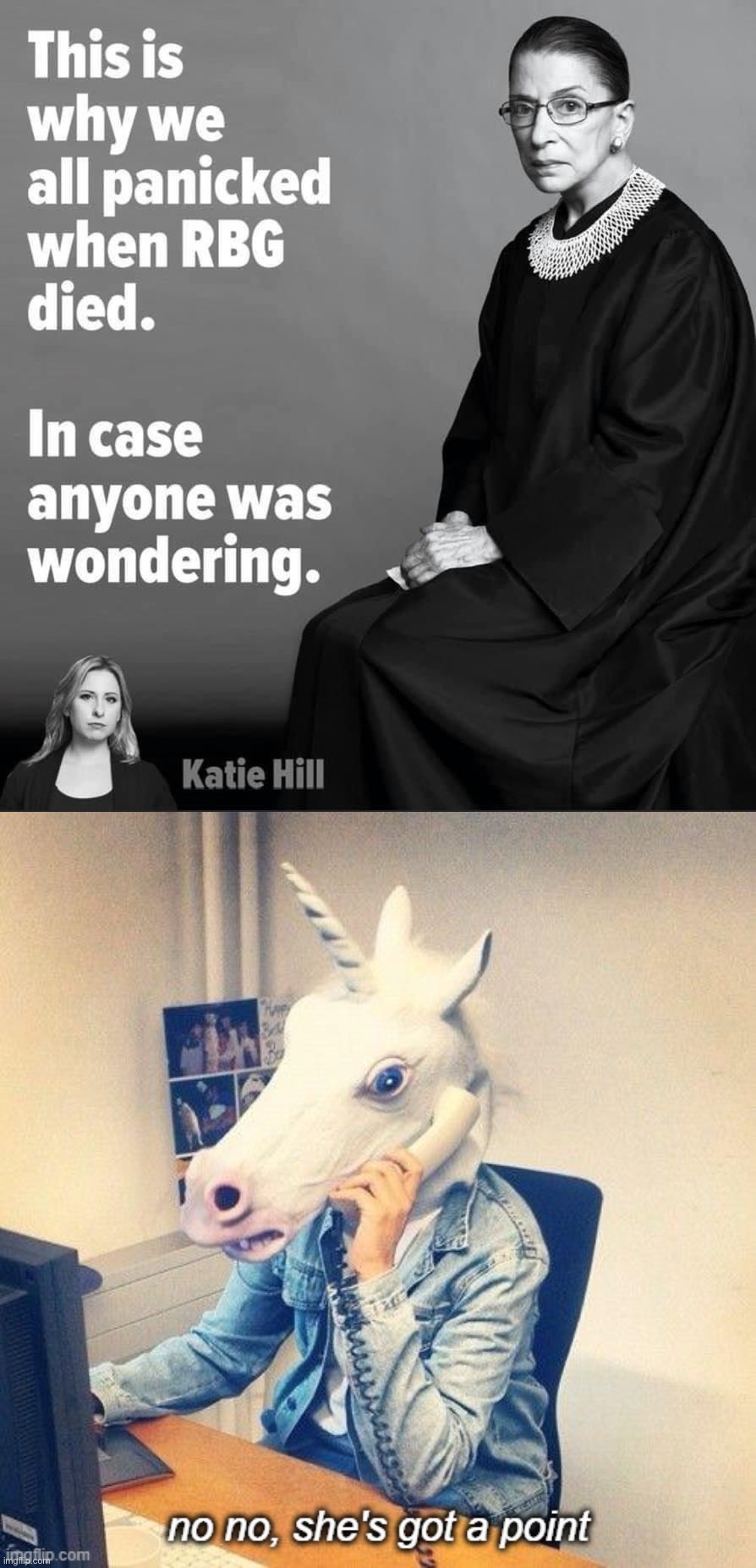 image tagged in panic after rbg died,unicorn phone no no she's got a point | made w/ Imgflip meme maker