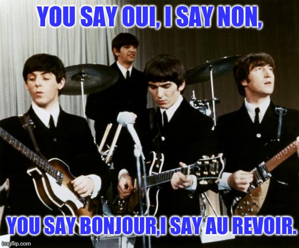 Beatles | YOU SAY OUI, I SAY NON, YOU SAY BONJOUR,I SAY AU REVOIR. | image tagged in beatles | made w/ Imgflip meme maker