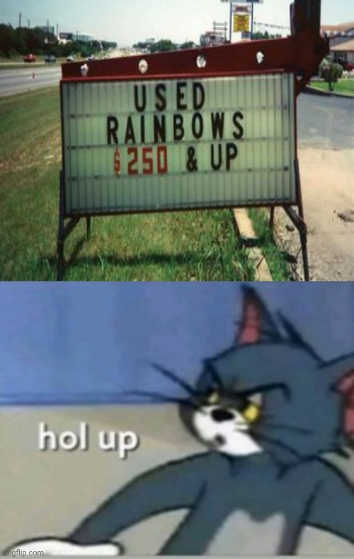 Used rainbows | image tagged in hol up,reposts,repost,rainbows,rainbow,memes | made w/ Imgflip meme maker
