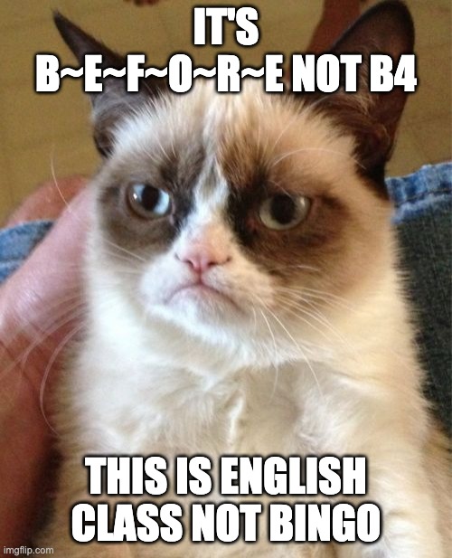 that one meme | IT'S B~E~F~O~R~E NOT B4; THIS IS ENGLISH CLASS NOT BINGO | image tagged in memes,grumpy cat | made w/ Imgflip meme maker