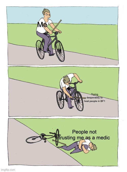 Bike Fall | Me; Trying desperately to heal people in BF1; People not trusting me as a medic | image tagged in memes,bike fall | made w/ Imgflip meme maker