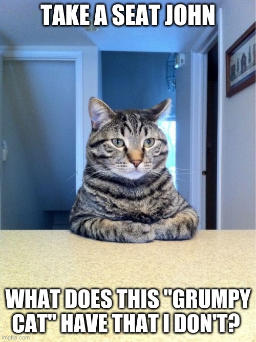 Take A Seat Cat |  TAKE A SEAT JOHN; WHAT DOES THIS "GRUMPY CAT" HAVE THAT I DON'T? | image tagged in memes,take a seat cat,grumpy cat | made w/ Imgflip meme maker