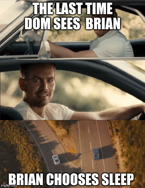 fast and furious | THE LAST TIME DOM SEES  BRIAN; BRIAN CHOOSES SLEEP | image tagged in see you again | made w/ Imgflip meme maker