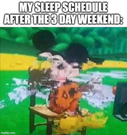 I'm making this meme while I'm tired lol | MY SLEEP SCHEDULE AFTER THE 3 DAY WEEKEND: | image tagged in glitchy mickey | made w/ Imgflip meme maker