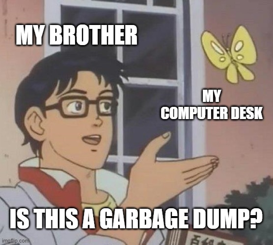 Is This A Pigeon | MY BROTHER; MY COMPUTER DESK; IS THIS A GARBAGE DUMP? | image tagged in memes,is this a pigeon | made w/ Imgflip meme maker