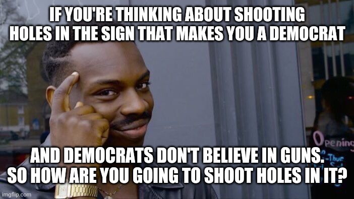 Roll Safe Think About It Meme | IF YOU'RE THINKING ABOUT SHOOTING HOLES IN THE SIGN THAT MAKES YOU A DEMOCRAT AND DEMOCRATS DON'T BELIEVE IN GUNS. SO HOW ARE YOU GOING TO S | image tagged in memes,roll safe think about it | made w/ Imgflip meme maker