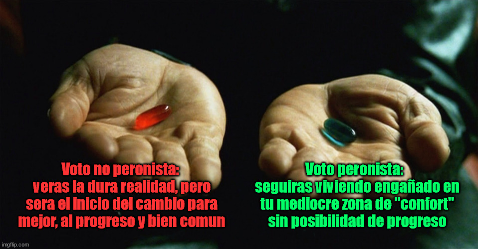 Realidad vs Peronismo | Voto no peronista:  veras la dura realidad, pero sera el inicio del cambio para mejor, al progreso y bien comun; Voto peronista:   seguiras viviendo engañado en tu mediocre zona de "confort" sin posibilidad de progreso | image tagged in red pill blue pill,peron,peronia,antik | made w/ Imgflip meme maker