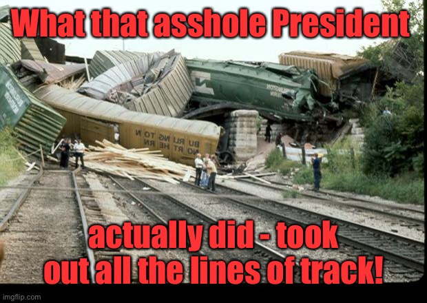 Train Wreck | What that asshole President actually did - took out all the lines of track! | image tagged in train wreck | made w/ Imgflip meme maker