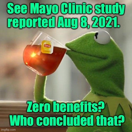 But That's None Of My Business Meme | See Mayo Clinic study reported Aug 8, 2021. Zero benefits?  Who concluded that? | image tagged in memes,but that's none of my business,kermit the frog | made w/ Imgflip meme maker