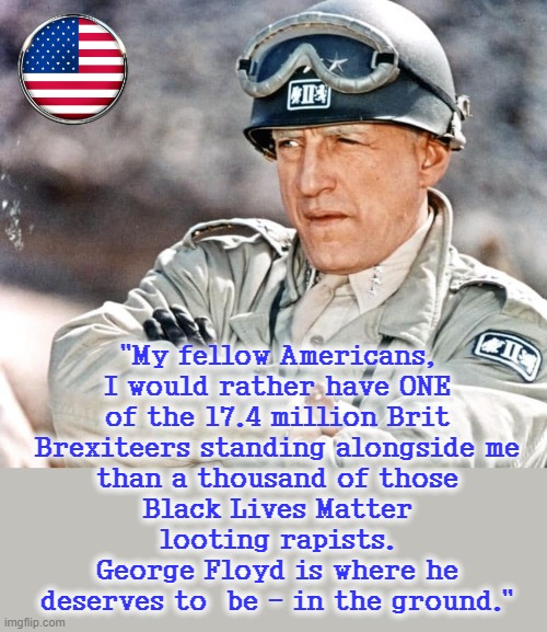 General Patton | "My fellow Americans,
I would rather have ONE
of the 17.4 million Brit
Brexiteers standing alongside me
than a thousand of those
Black Lives Matter
looting rapists.
George Floyd is where he
deserves to  be - in the ground." | image tagged in americans | made w/ Imgflip meme maker